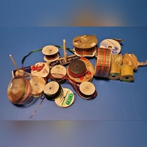 Assorted Ribbon Spools - Red, Green, Gold, Plaid And a EZ Bow Maker.